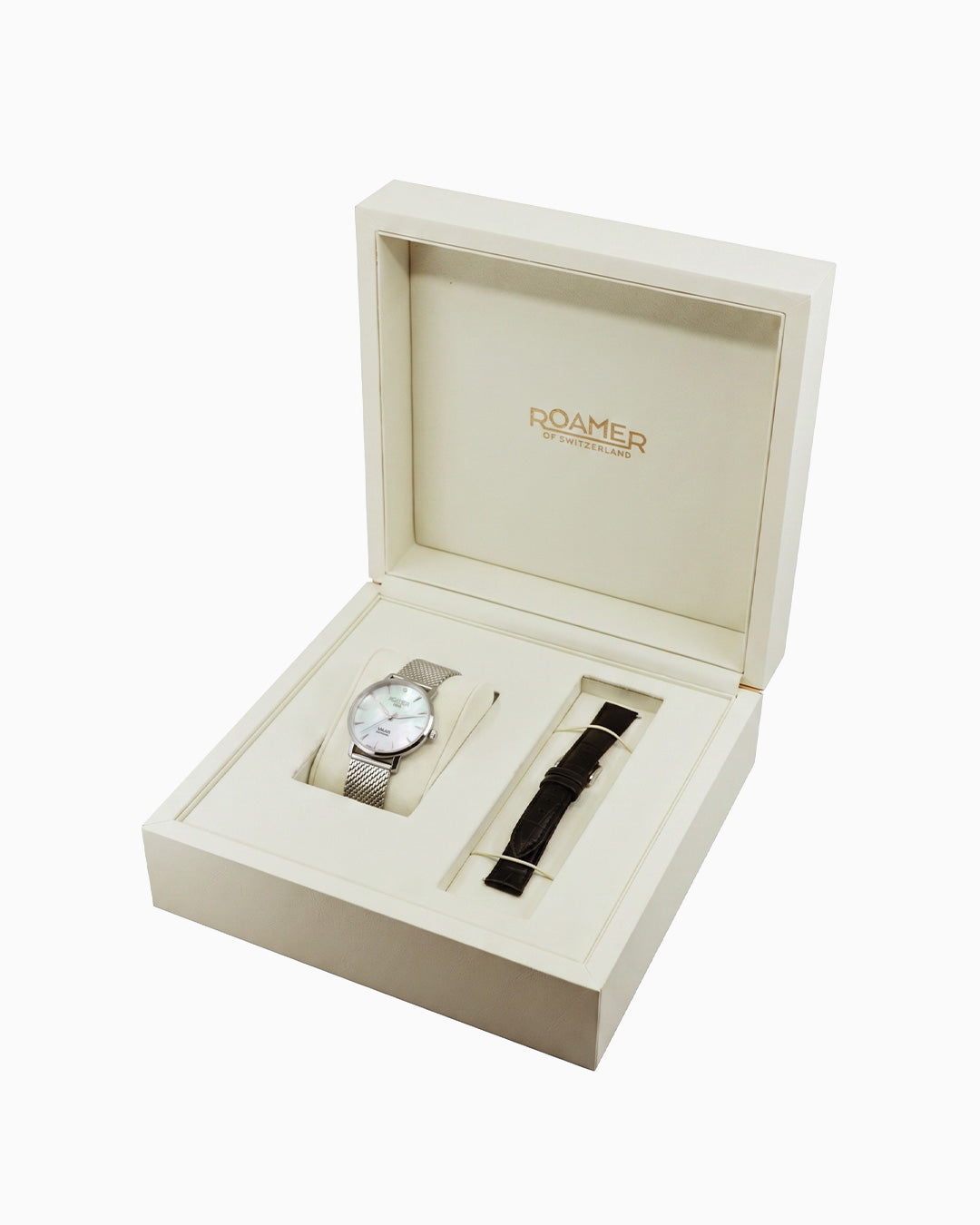 Valais Ladies Interchangeable Box Set 32mm Quartz Three-Hand Date White MOP Dial Black Leather Strap and Stainless Steel Milanaise Bracelet Sapphire glass Stainless Steel swiss watch