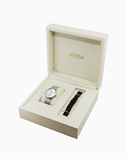 Valais Ladies Interchangeable Box Set 32mm Quartz Three-Hand Date White MOP Dial Black Leather Strap and Stainless Steel Milanaise Bracelet Sapphire glass Stainless Steel swiss watch