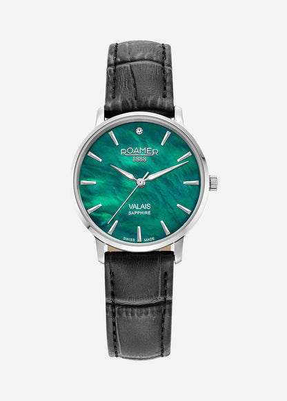 Valais Ladies Interchangeable Box Set 32mm Quartz Three-Hand Date Green Mop Dial Black Leather Strap Sapphire glass Stainless Steel swiss watch