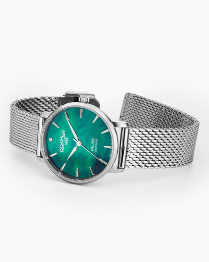 Valais Ladies Interchangeable Box Set 32mm Quartz Three-Hand Date Green Mop Dial Black Leather Strap Sapphire glass Stainless Steel swiss watch