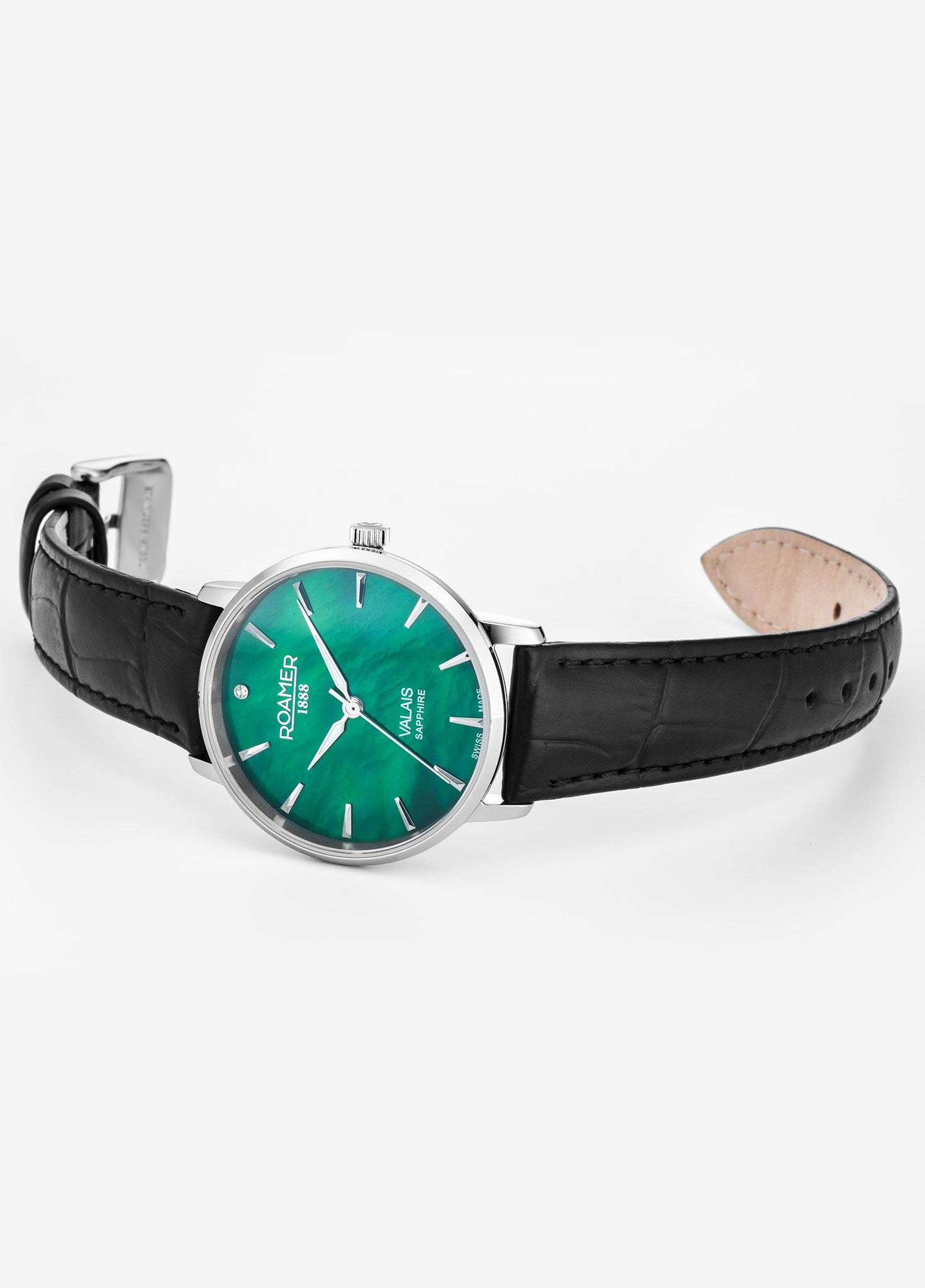 Valais Ladies Interchangeable Box Set 32mm Quartz Three-Hand Date Green Mop Dial Black Leather Strap Sapphire glass Stainless Steel swiss watch