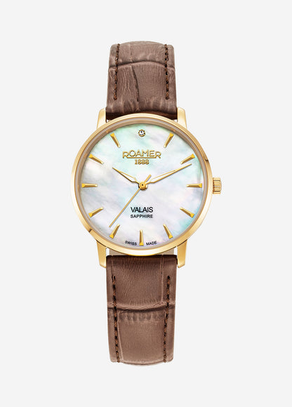 Valais Ladies Interchangeable Box Set 32mm Quartz Three-Hand Date White Mop Dial Brown Leather Strap Sapphire glass Stainless Steel swiss watch