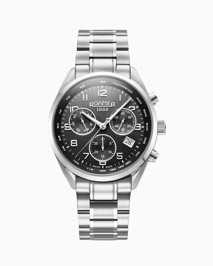 Pro Chrono 42mm Quartz Chronograph Date Black Sunray Dial Silver Bracelet Sapphire glass Stainless Steel swiss watch