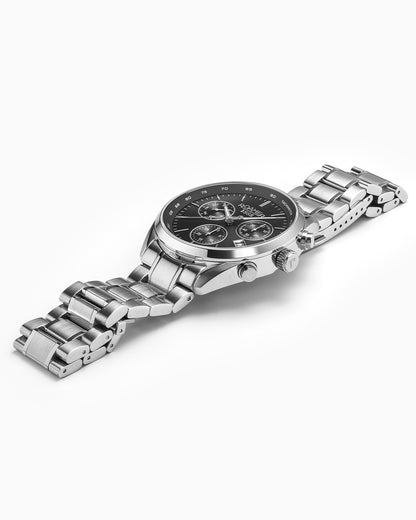 Pro Chrono 42mm Quartz Chronograph Date Black Sunray Dial Silver Bracelet Sapphire glass Stainless Steel swiss watch