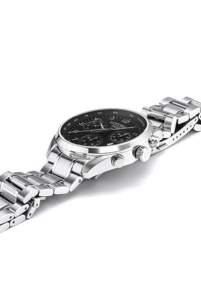 Pro Chrono 42mm Quartz Chronograph Date Black Sunray Dial Silver Bracelet Sapphire glass Stainless Steel swiss watch