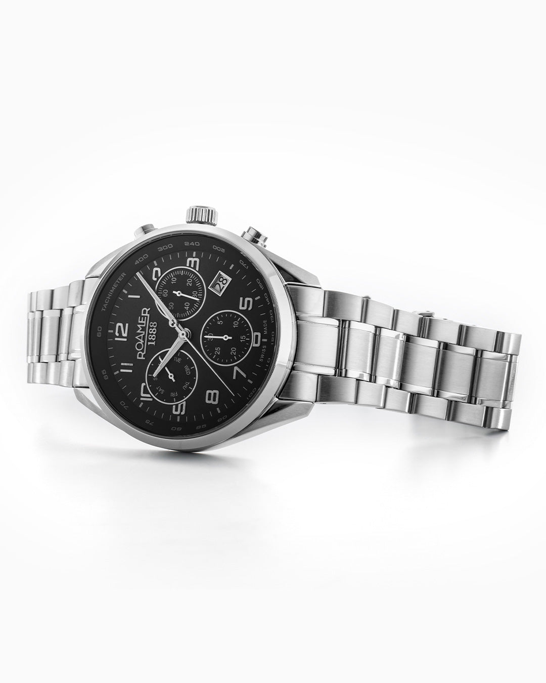 Pro Chrono 42mm Quartz Chronograph Date Black Sunray Dial Silver Bracelet Sapphire glass Stainless Steel swiss watch