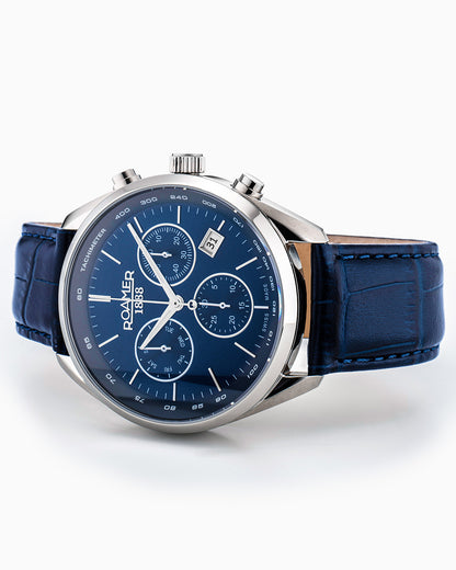 Pro Chrono 42mm Quartz Chronograph Date Blue Sunray Dial Blue Leather Strap Sapphire glass Stainless Steel swiss watch