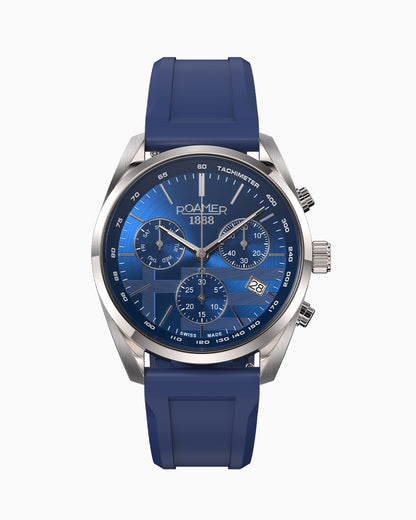 Pro Chrono Set 42mm Quartz Chronograph Date Blue Greek Flag Dial Silver Bracelet Blue Silicone Strap Sapphire Glass Stainless Steel Swiss Watch