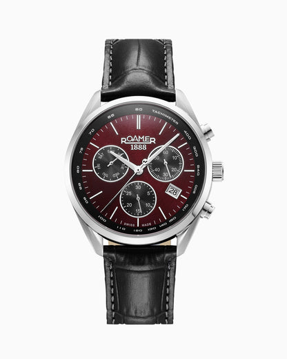 Pro Chrono 42mm Quartz Chronograph Date Burgundy Sunray Dial Black Leather Strap Sapphire glass Stainless Steel swiss watch