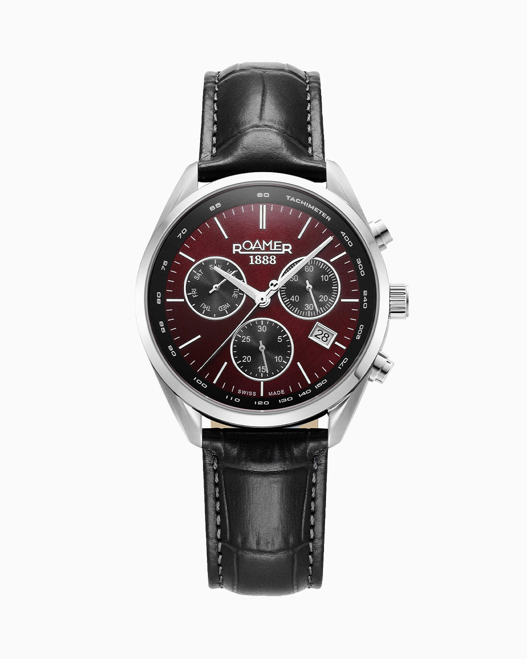 Pro Chrono 42mm Quartz Chronograph Date Burgundy Sunray Dial Black Leather Strap Sapphire glass Stainless Steel swiss watch