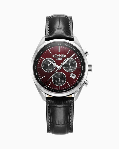 Pro Chrono 42mm Quartz Chronograph Date Burgundy Sunray Dial Black Leather Strap Sapphire glass Stainless Steel swiss watch