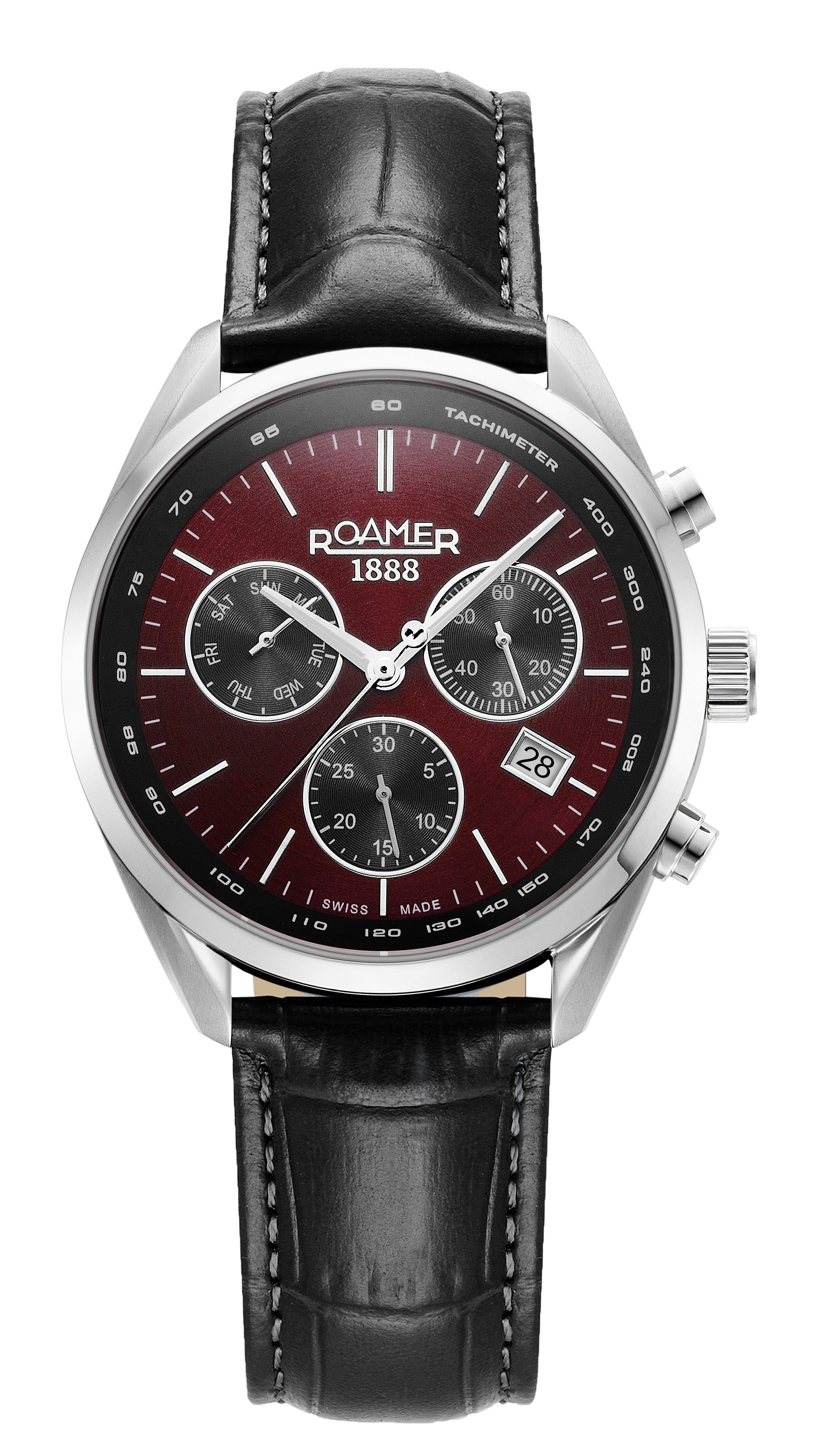 Pro Chrono 42mm Quartz Chronograph Date Burgundy Sunray Dial Black Leather Strap Sapphire glass Stainless Steel swiss watch