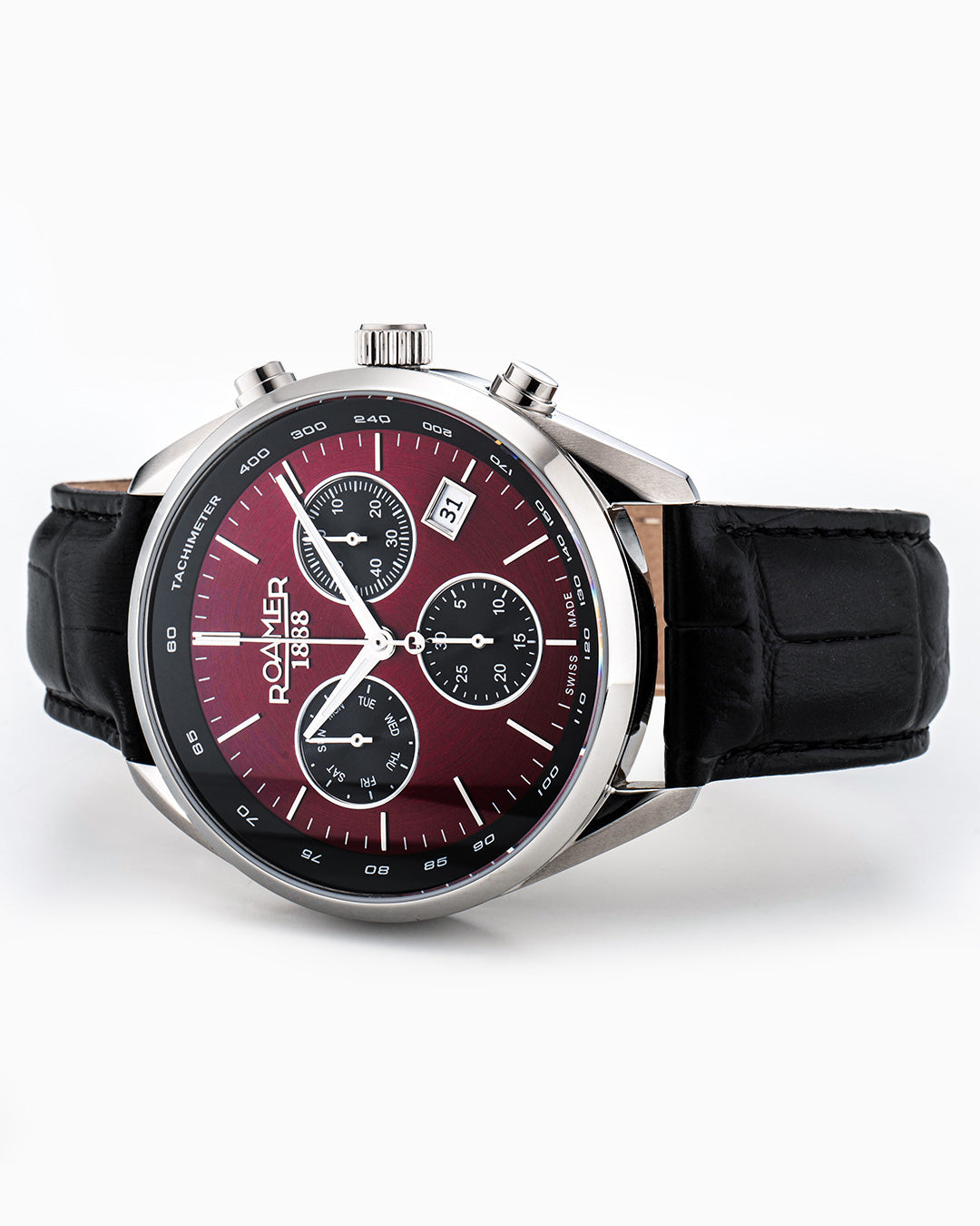 Pro Chrono 42mm Quartz Chronograph Date Burgundy Sunray Dial Black Leather Strap Sapphire glass Stainless Steel swiss watch