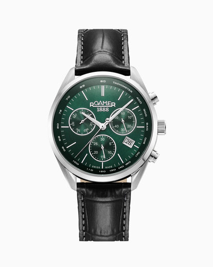 Pro Chrono 42mm Quartz Chronograph Date Green Sunray Dial Black Leather Strap Sapphire glass Stainless Steel swiss watch