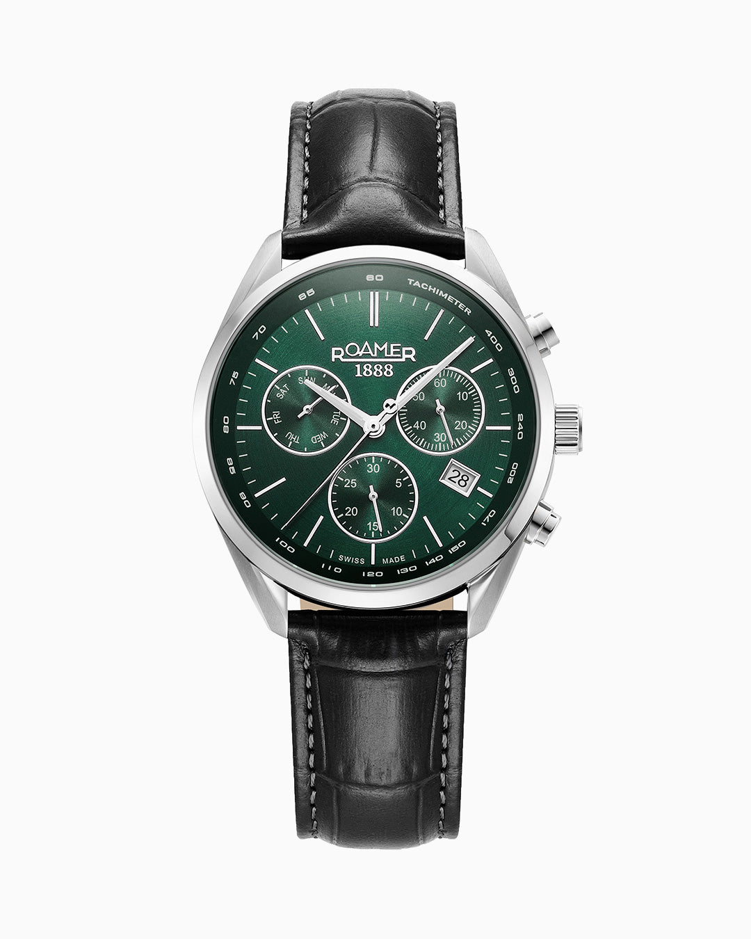Pro Chrono 42mm Quartz Chronograph Date Green Sunray Dial Black Leather Strap Sapphire glass Stainless Steel swiss watch