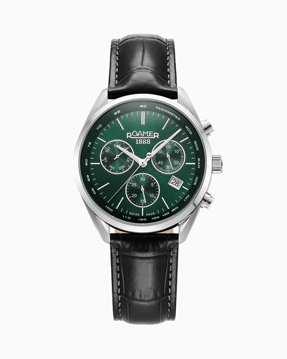 Pro Chrono 42mm Quartz Chronograph Date Green Sunray Dial Black Leather Strap Sapphire glass Stainless Steel swiss watch