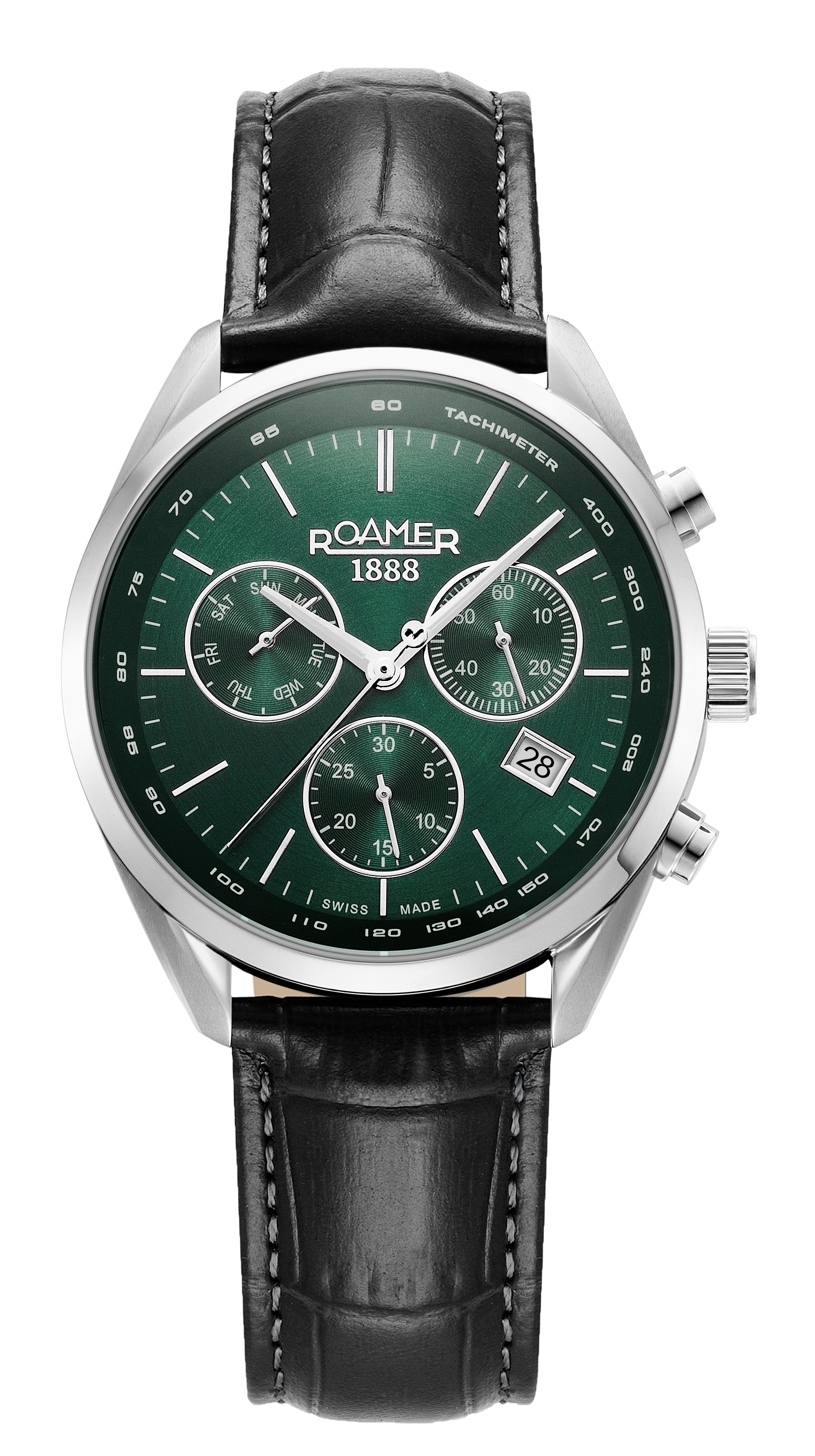 Pro Chrono 42mm Quartz Chronograph Date Green Sunray Dial Black Leather Strap Sapphire glass Stainless Steel swiss watch