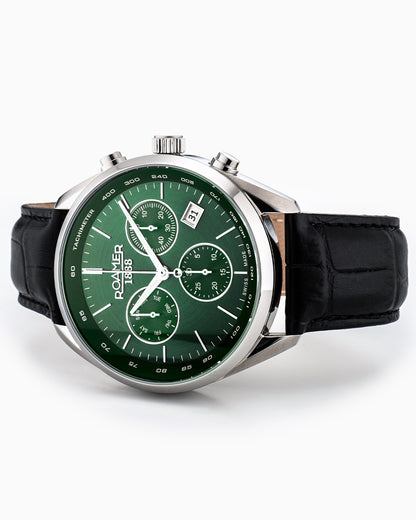 Pro Chrono 42mm Quartz Chronograph Date Green Sunray Dial Black Leather Strap Sapphire glass Stainless Steel swiss watch