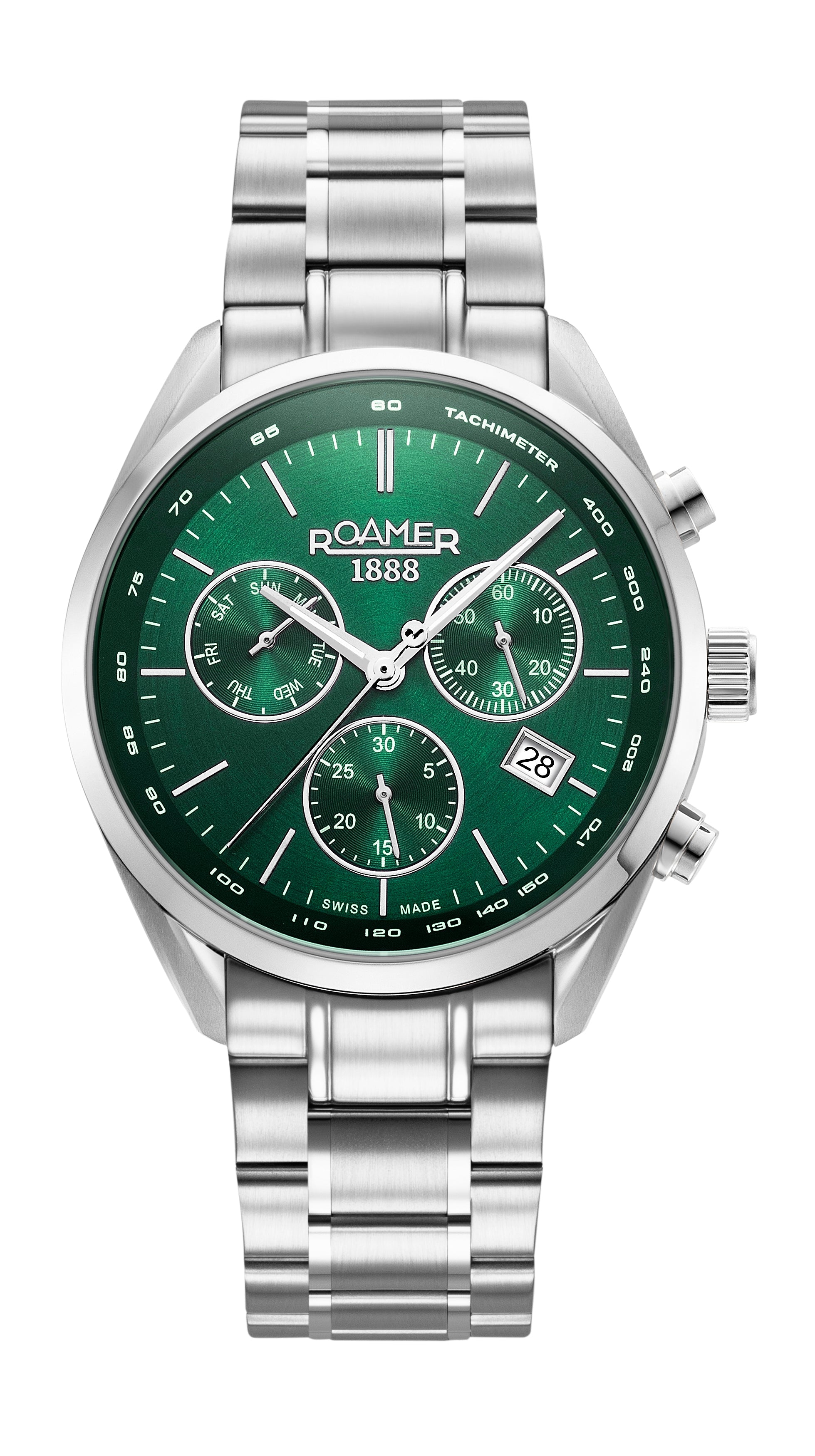 Pro Chrono 42mm Quartz Chronograph Date Green Sunray Dial Silver Bracelet Sapphire glass Stainless Steel swiss watch
