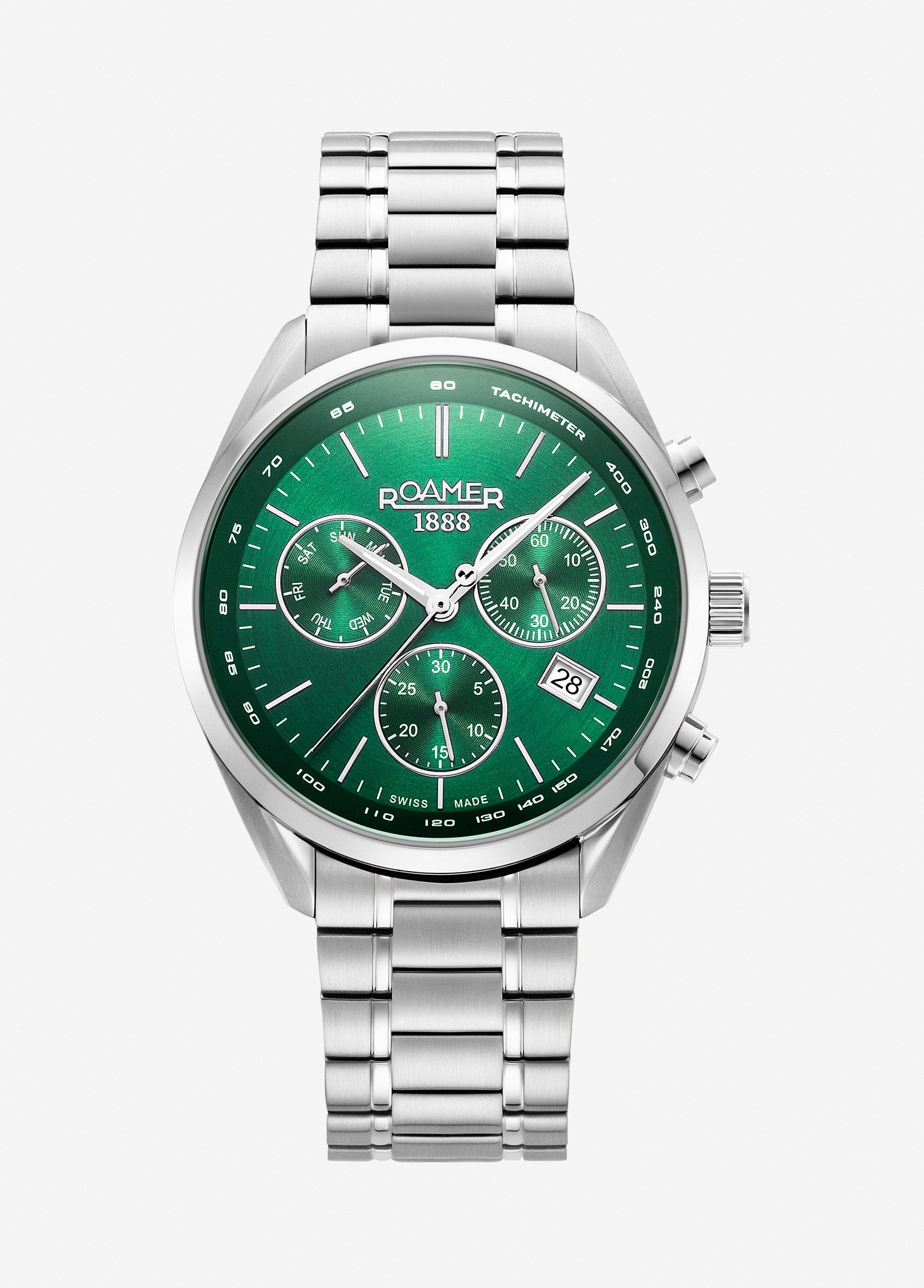 Pro Chrono 42mm Quartz Chronograph Date Green Sunray Dial Silver Bracelet Sapphire glass Stainless Steel swiss watch