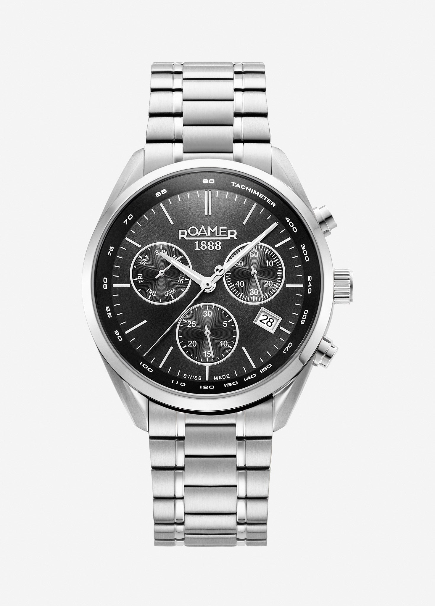 Pro Chrono 42mm Quartz Chronograph Date Black Sunray Dial Silver Bracelet Sapphire glass Stainless Steel swiss watch
