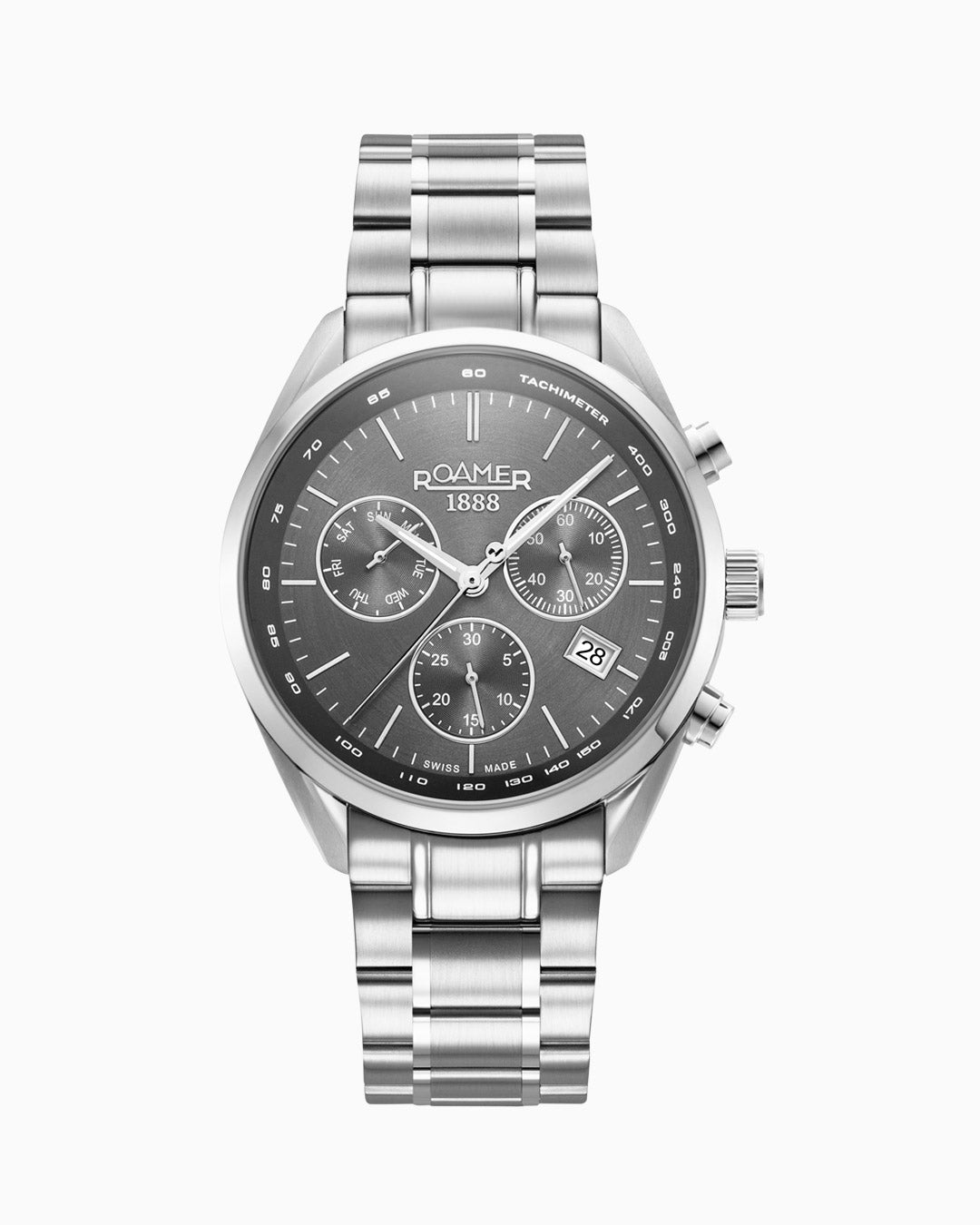 Pro Chrono 42mm Quartz Chronograph Date Black Sunray Dial Silver Bracelet Sapphire glass Stainless Steel swiss watch