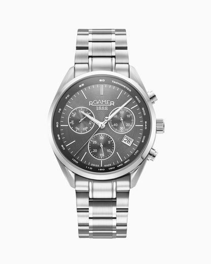 Pro Chrono 42mm Quartz Chronograph Date Black Sunray Dial Silver Bracelet Sapphire glass Stainless Steel swiss watch