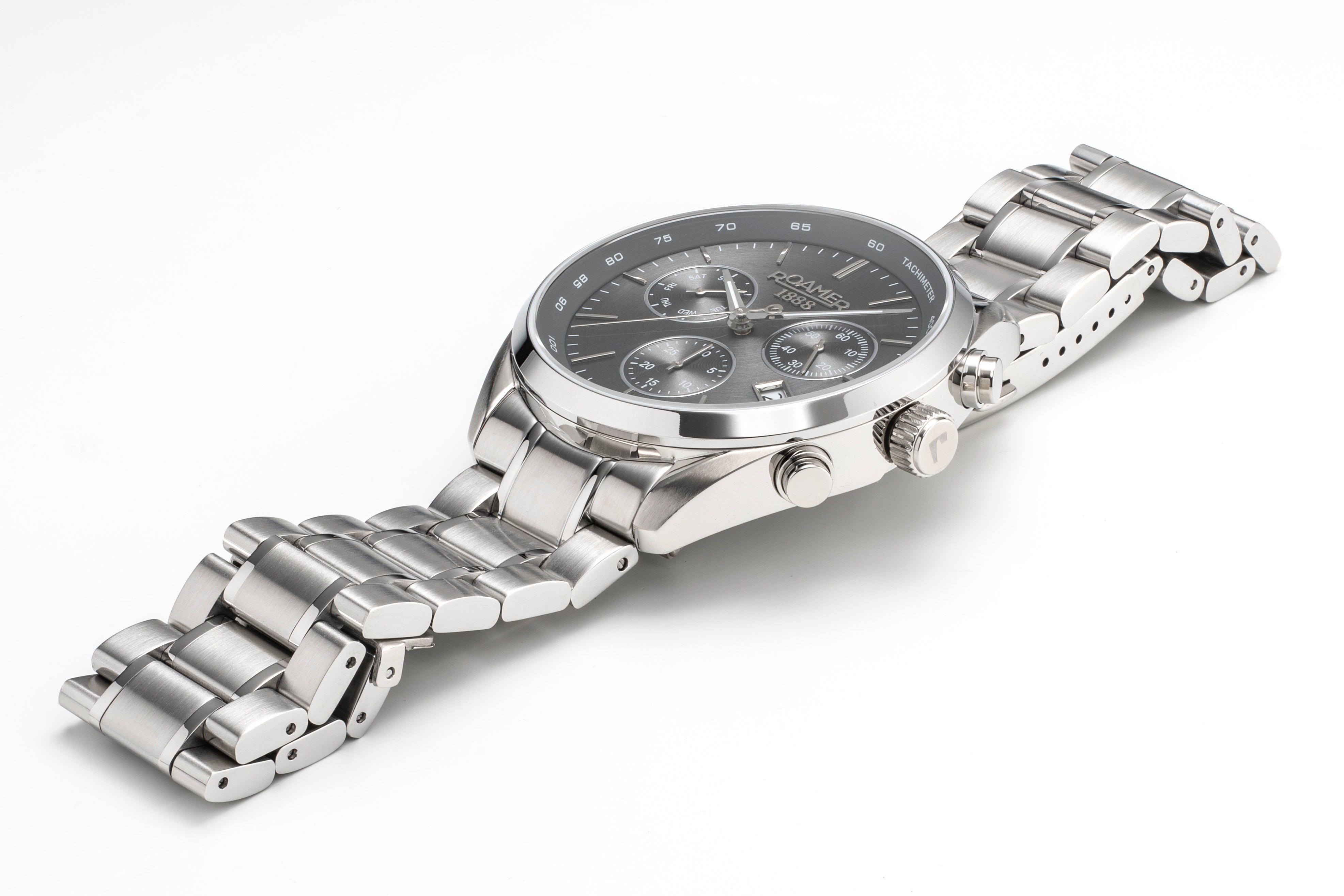Pro Chrono 42mm Quartz Chronograph Date Black Sunray Dial Silver Bracelet Sapphire glass Stainless Steel swiss watch