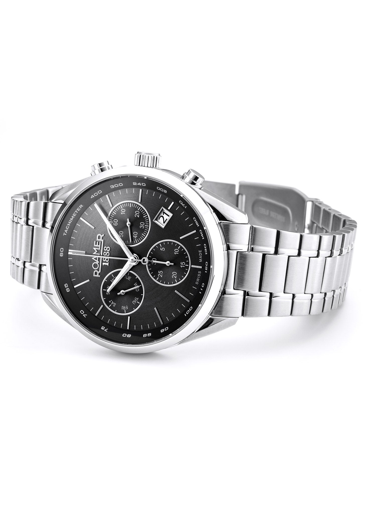 Pro Chrono 42mm Quartz Chronograph Date Black Sunray Dial Silver Bracelet Sapphire glass Stainless Steel swiss watch
