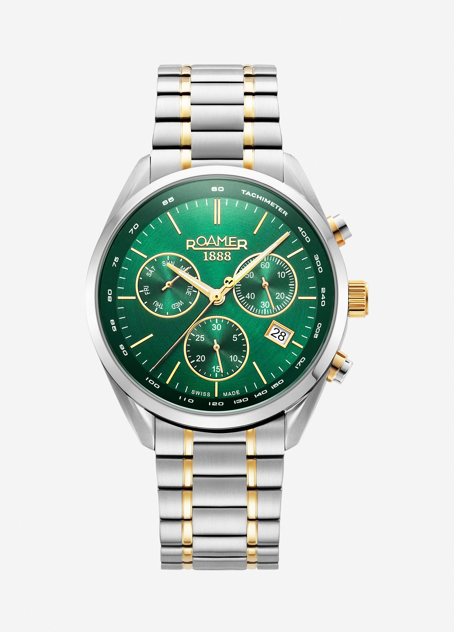 Pro Chrono 42mm Quartz Chronograph Date Green Sunray Dial Two-Tone Bracelet Sapphire glass Stainless Steel swiss watch