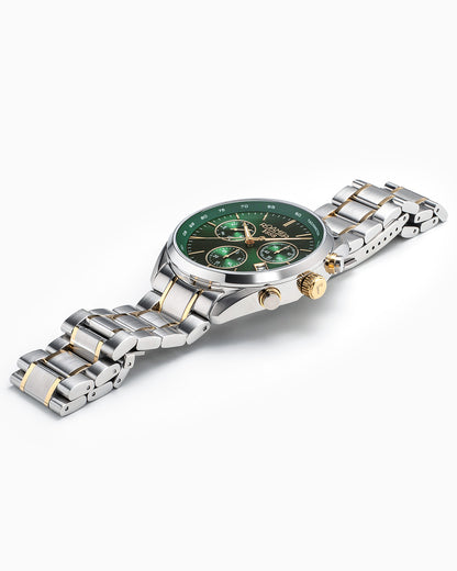 Pro Chrono 42mm Quartz Chronograph Date Green Sunray Dial Two-Tone Bracelet Sapphire glass Stainless Steel swiss watch