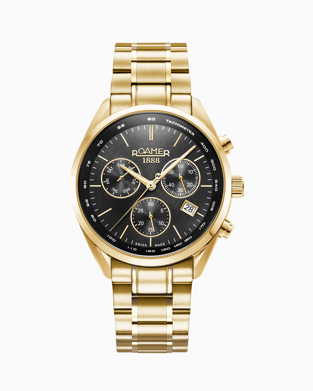 Pro Chrono 42mm Quartz Chronograph Date Black Sunray Dial Gold Bracelet Sapphire glass Stainless Steel swiss watch
