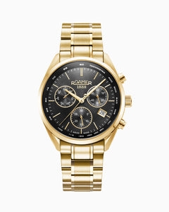 Pro Chrono 42mm Quartz Chronograph Date Black Sunray Dial Gold Bracelet Sapphire glass Stainless Steel swiss watch