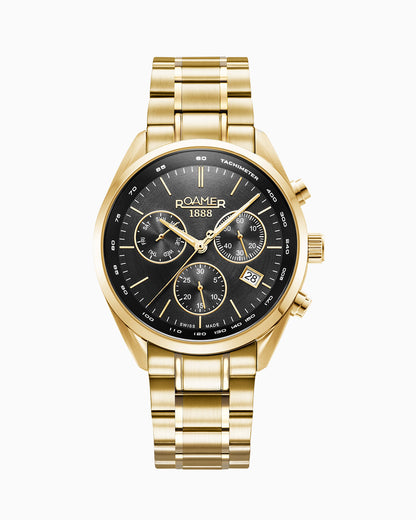 Pro Chrono 42mm Quartz Chronograph Date Black Sunray Dial Gold Bracelet Sapphire glass Stainless Steel swiss watch