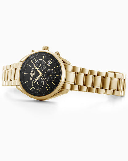Pro Chrono 42mm Quartz Chronograph Date Black Sunray Dial Gold Bracelet Sapphire glass Stainless Steel swiss watch