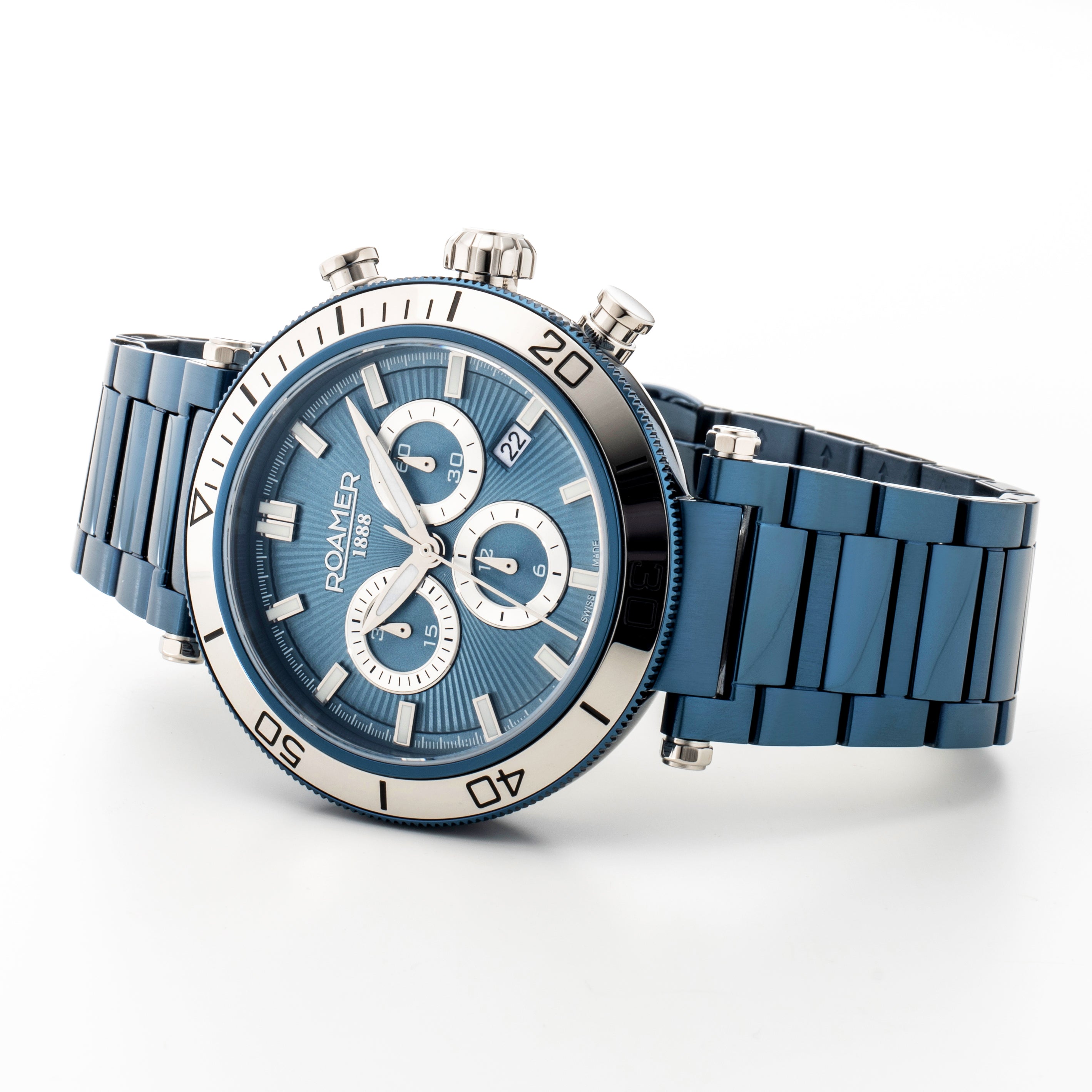 Toscana 43mm Chronograph Date Blue Dial Blue Silver Tone Bracelet Sapphire glass Stainless Steel swiss watch
