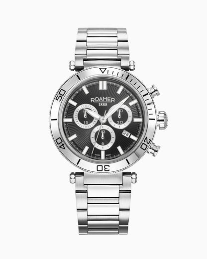 Toscana 43mm Chronograph Date Black Dial Silver Tone Bracelet Sapphire glass Stainless Steel swiss watch