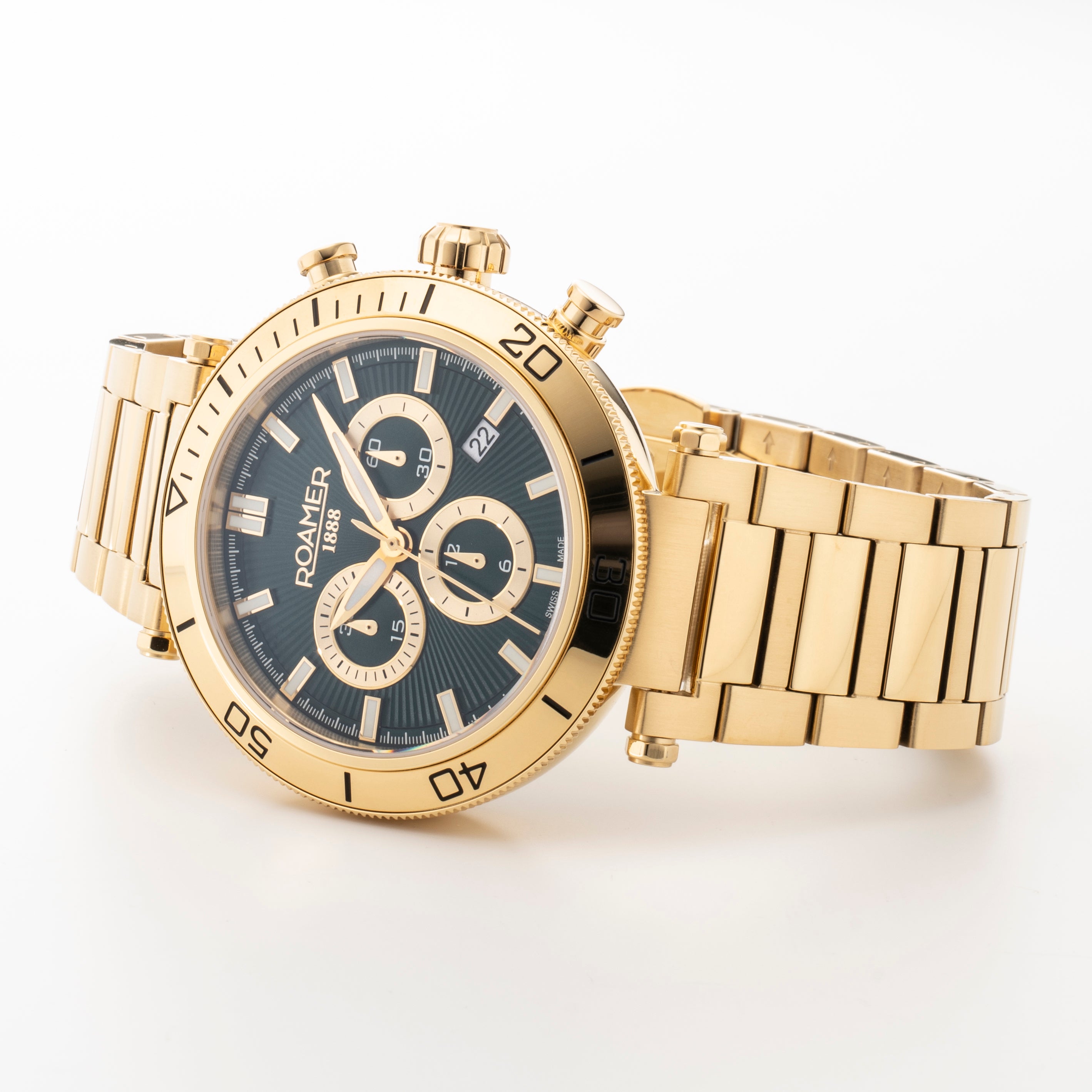 Toscana 43mm Chronograph Date Green Dial Gold Tone Bracelet Sapphire glass Stainless Steel swiss watch
