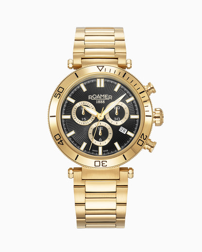 Toscana 43mm Chronograph Date Black Dial Gold Tone Bracelet Sapphire glass Stainless Steel swiss watch