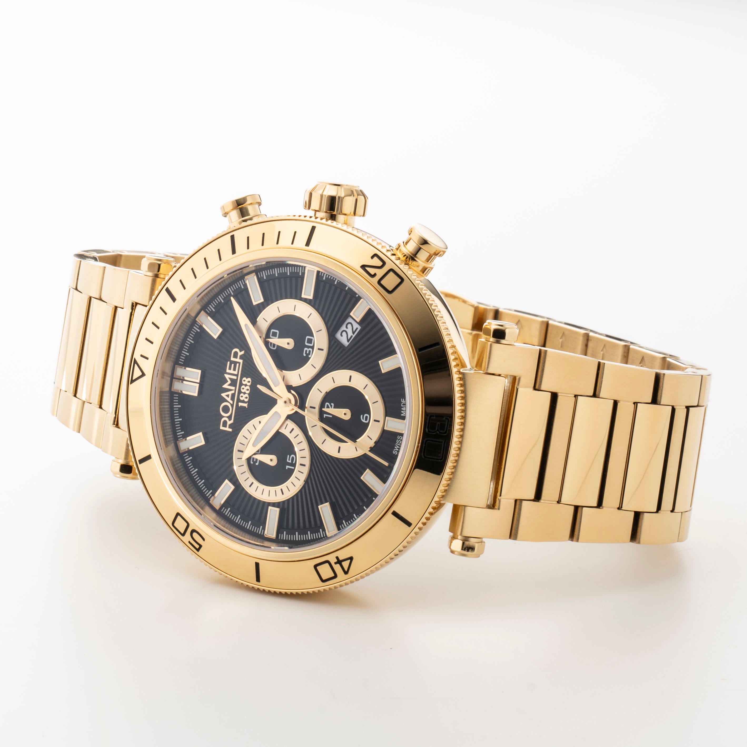 Toscana 43mm Chronograph Date Black Dial Gold Tone Bracelet Sapphire glass Stainless Steel swiss watch