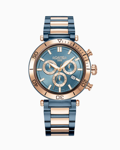 Toscana 43mm Chronograph Date Blue Dial Blue Rosegold Tone Bracelet Sapphire glass Stainless Steel swiss watch