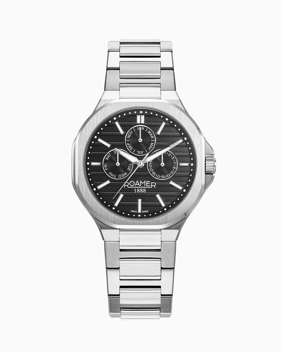 Spirit of Time 42x45mm Three-Hand Black Dial Silver Tone Bracelet Sapphire glass Stainless Steel swiss watch