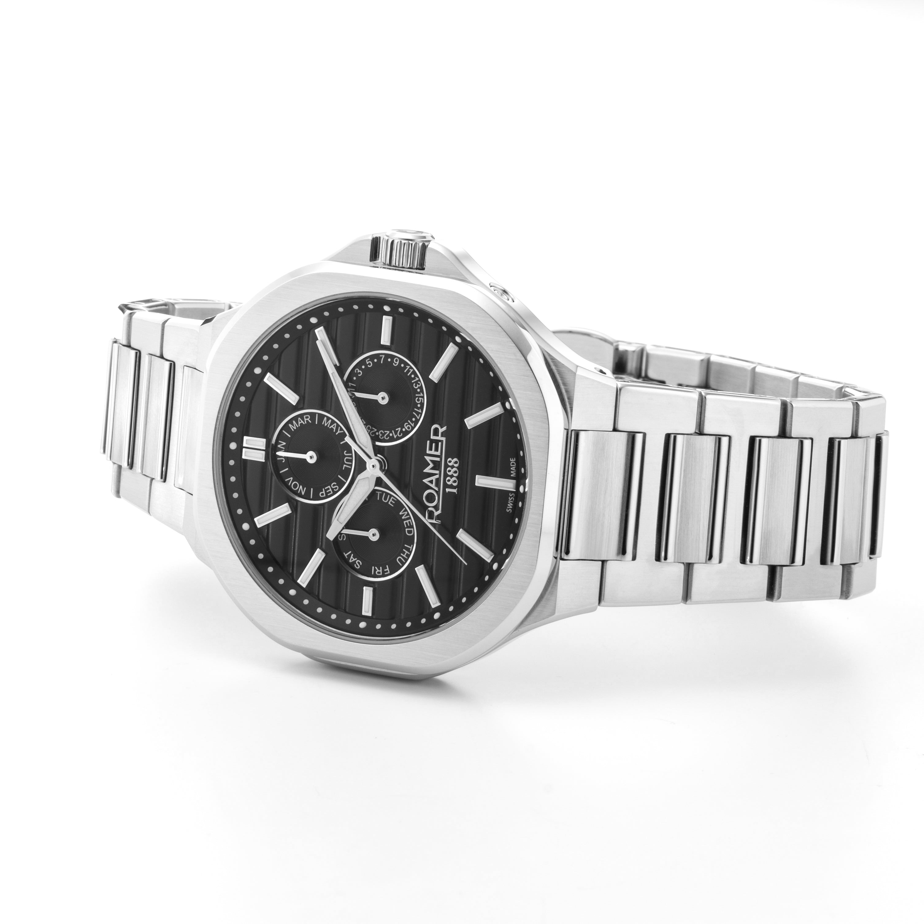 Spirit of Time 42x45mm Three-Hand Black Dial Silver Tone Bracelet Sapphire glass Stainless Steel swiss watch