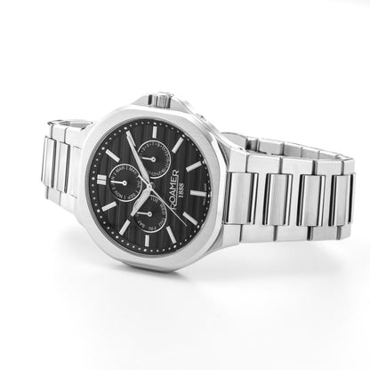 Spirit of Time 42x45mm Three-Hand Black Dial Silver Tone Bracelet Sapphire glass Stainless Steel swiss watch