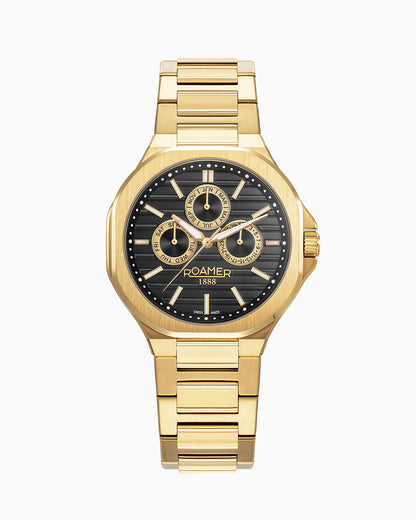 Spirit of Time 42x45mm Three-Hand Black Dial Gold Tone Bracelet Sapphire glass Stainless Steel swiss watch