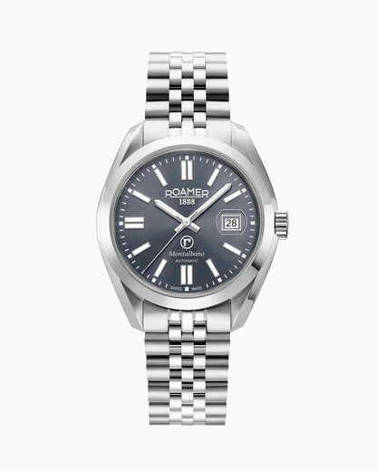 Montalbano Gents 41.5mm Automatic Three-Hand Date Grey Sunray Dial Silver Bracelet Sapphire glass Stainless Steel swiss watch