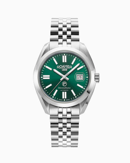Montalbano Gents 41.5mm Automatic Three-Hand Date Green Sunray Dial Silver Bracelet Sapphire glass Stainless Steel swiss watch