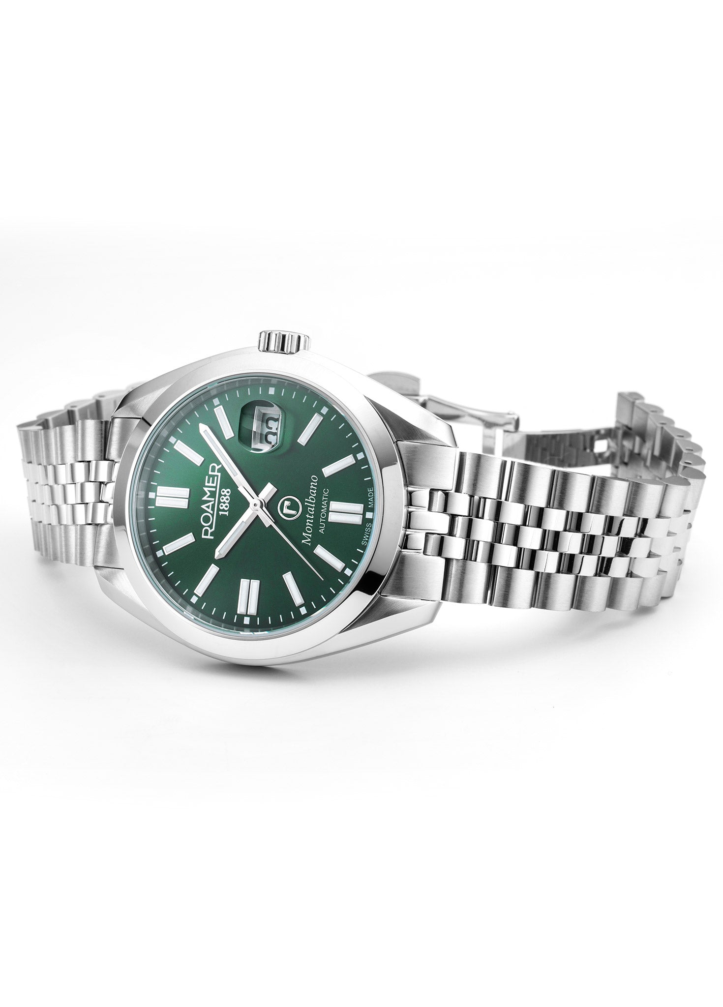 Montalbano Gents 41.5 mm Automatic Three-Hand Date Green Sunray Dial Silver Bracelet Sapphire glass Stainless Steel swiss watch