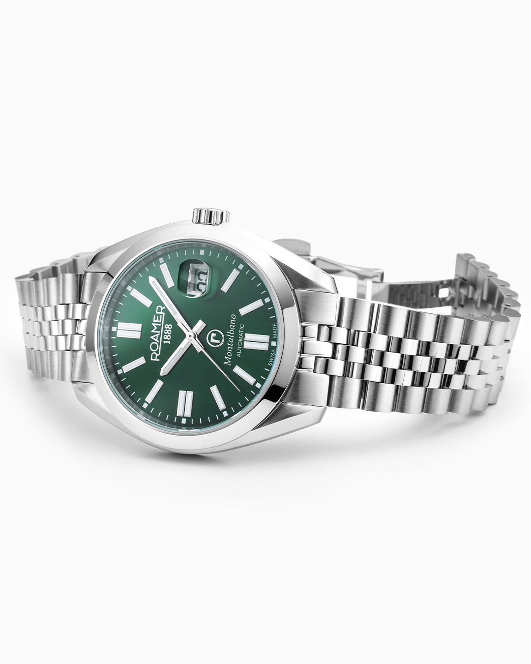 Montalbano Gents 41.5mm Automatic Three-Hand Date Green Sunray Dial Silver Bracelet Sapphire glass Stainless Steel swiss watch