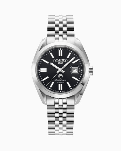 Montalbano Gents 41.5 mm Mechanical Three Hand Date Black Dial Silver Bracelet Sapphire glass Stainless Steel swiss watch